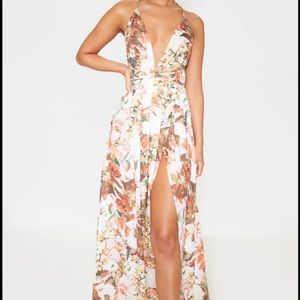 White Floral Print Chiffon Halterneck Maxi Dress